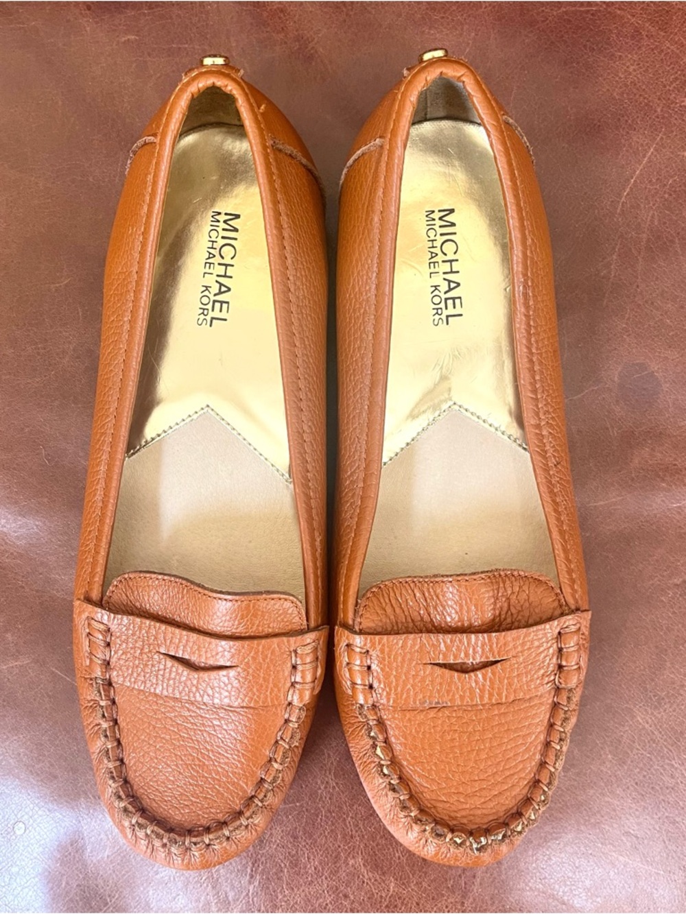 Michael Kors Windsor Genuine Leather Loafers In Cognac Color Size 8.5